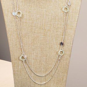 Lauren Conrad, NWT, long, silver multi strand green silver circle charm necklace